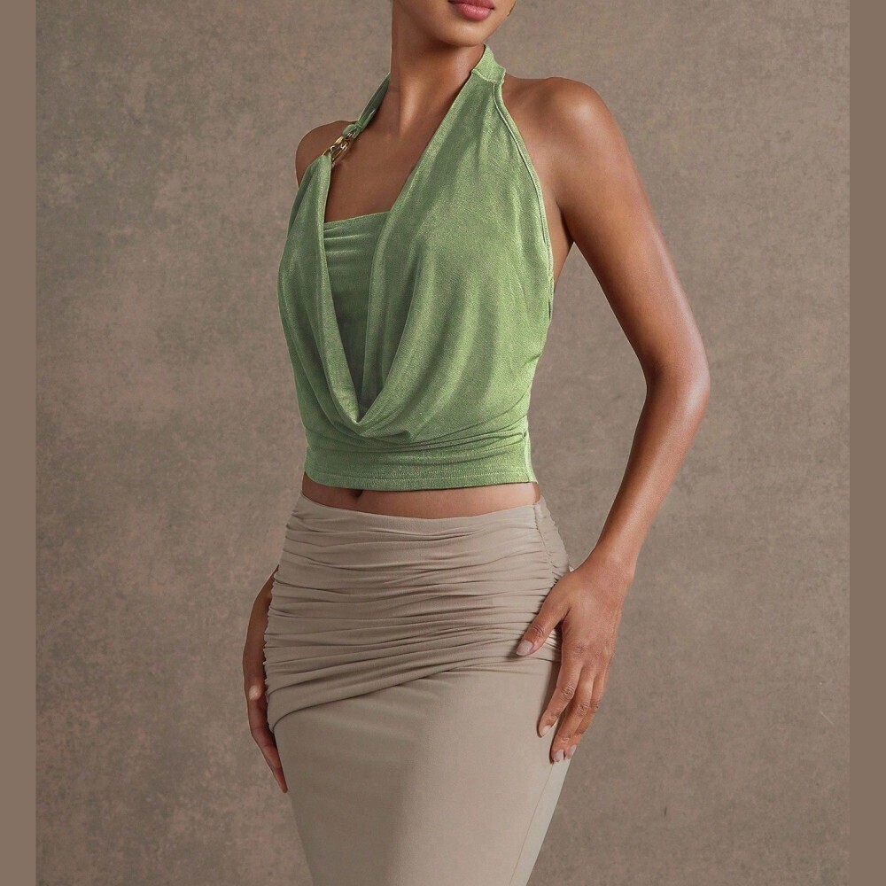 Sage Green Halter Cowl Neck Crop Top With Gold Hardware